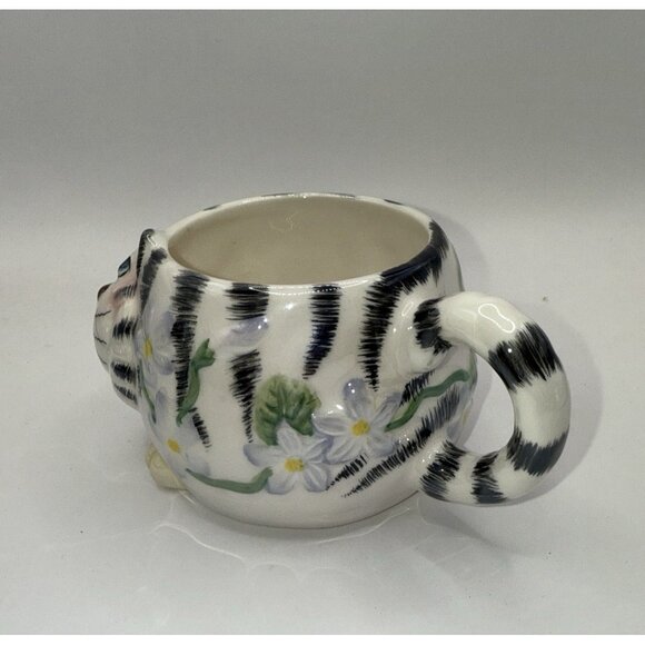 Cute Whimsical Cat Mug Cup Black White Striped Tabby Succulent Air Fern Planter - Picture 5 of 8